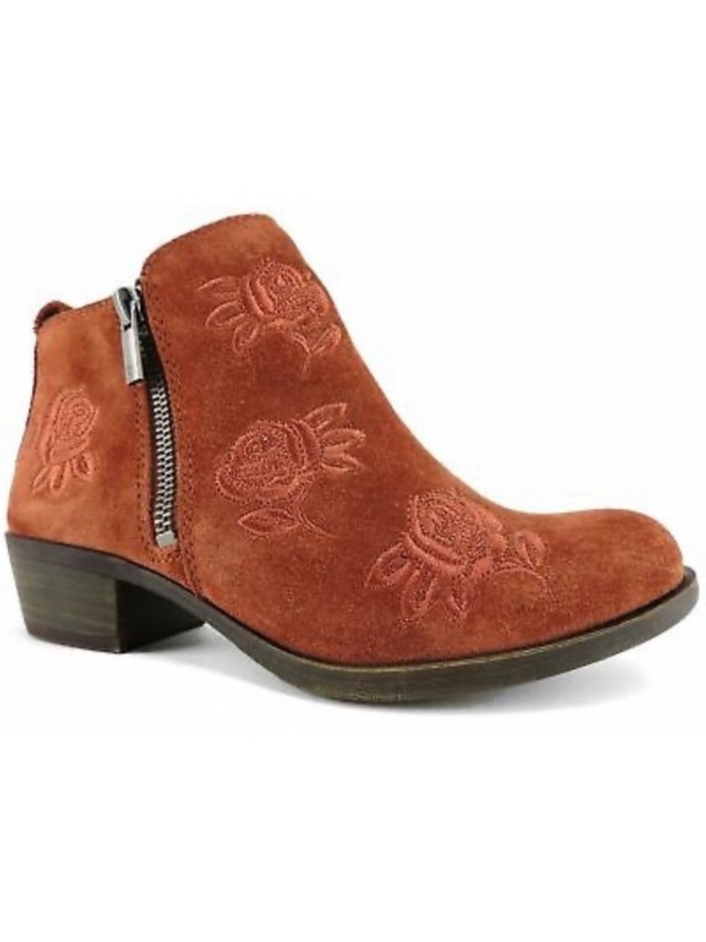 Lucky Brand Rust Suede Floral Embroidered Ankle Boots